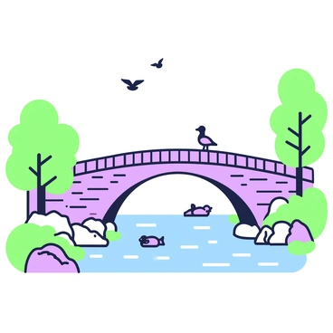 An arched stone bridge spans over a gently flowing river. The bridge has a textured surface with wide, sturdy arches that support its structure. Underneath the bridge, the water reflects the bridge's outline, creating a sense of harmony. On both sides of the riverbank, there are lush green trees and rocks that add to the landscape. A few small birds are flying above the river, while a couple of ducks can be seen swimming peacefully. The scene conveys a sense of stability and strength.