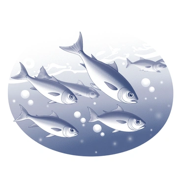 A school of mackerel fish is swimming rapidly through the open ocean. The fish are streamlined and sleek, their bodies reflecting light as they move in unison. Bubbles trail behind them as they navigate through the water. The ocean is depicted with rippling currents, creating a sense of motion. The background shows varying depths of water, with hints of marine life subtly visible.