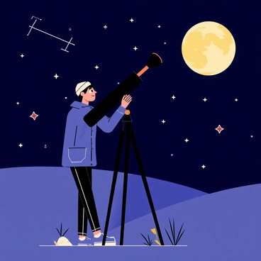 An astronomer stands in a field at night, holding a black telescope aimed upward. The telescope is mounted on a sturdy tripod, with a focused lens pointing towards the sky. The astronomer wears a dark blue jacket and a knit hat. Surrounding the astronomer, the night sky is filled with numerous bright stars, twinkling against a deep navy background. A few constellations are visible, and a large, glowing moon hangs prominently in the sky, illuminating the scene. The ground is dotted with small patches of grass and scattered rocks.
