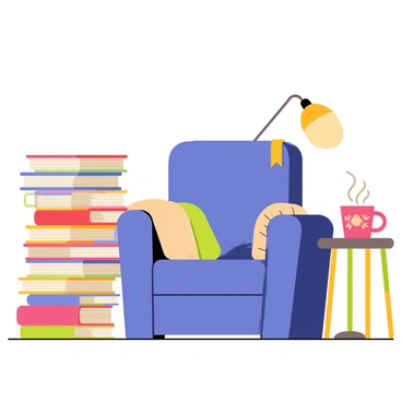 A cozy reading nook with a comfy chair, surrounded by towering stacks of books