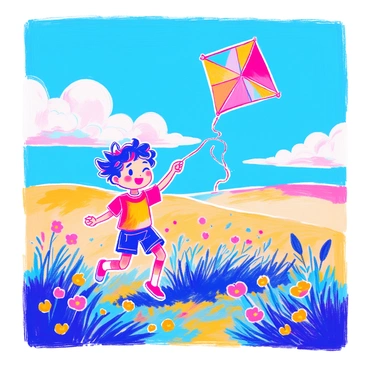 A flat-faced character with a cheerful expression is flying a colorful kite in an open field. The kite is vibrant, featuring a mix of red, yellow, and blue patterns. The character is wearing a bright t-shirt and shorts, and their hair is styled in a fun, playful way. Around them, the grass is green and dotted with small yellow flowers. Above, the clear blue sky is bright and expansive, with a few fluffy white clouds drifting by.