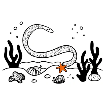 A long, slender eel with textured scales curving through the water just above the ocean floor. The eel is positioned near a bright "orange starfish" resting on the sandy surface. Surrounding the scene are various pieces of coral, creating a textured backdrop. Small bubbles are rising from the eel's movement, and the light from above creates shadow patterns on the ocean floor.