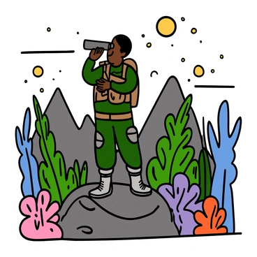 A mercenary with medium brown skin and short black hair is standing on a rocky outcrop, holding a high-tech binocular device to his eyes. He is wearing a rugged tactical outfit that includes a camouflage jacket, cargo pants, and sturdy boots. The landscape around him features vibrant, exotic flora, including tall, luminescent plants with oversized leaves and colorful flowers in shades of blue, pink, and orange. In the background, there are distant mountains with unusual shapes and a sky filled with multiple moons. The mercenary appears focused and alert as he surveys the unique environment, ready for exploration.