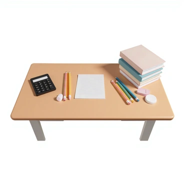 A wooden desk with a polished surface, positioned against a light-colored wall. On the desk, there are several neatly arranged pencils, some sharpened and others with erasers, all in vibrant colors. Next to the pencils, there are two erasers, one rectangular and one circular, both in white and pink. A sleek black calculator sits prominently on one corner, its buttons clearly visible. The desk has a small notepad with lined pages, partially open, and a few textbooks stacked neatly to one side, ready for study.