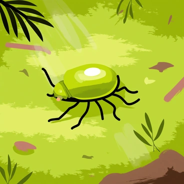 A shiny green scarab beetle is crawling across a vibrant, lush forest floor. The ground is rich with deep green moss, which blankets the earth in a soft, textured layer. Various small twigs and fallen leaves are scattered around, adding to the natural scene. Sunlight filters through the dense canopy above, creating dappled light patterns on the mossy surface. The beetle's iridescent shell glistens in the light as it moves purposefully across the forest floor.