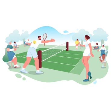 A tennis court with vintage wooden posts and a net is set in a lush green garden. Two players are engaged in a match; one player, dressed in a white short-sleeve shirt and long shorts, is preparing to serve with a wooden racket. The other player, wearing a knee-length white dress, is positioned on the opposite side of the net, ready to receive the serve. Surrounding the court, there are spectators in period-appropriate attire, including hats and dresses, sitting on benches. In the background, there are trees and vintage-styled benches, all under a clear blue sky.