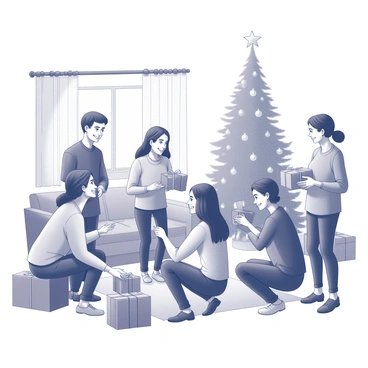 A group of friends gathered in a cozy living room, surrounded by festive decorations. They are smiling and interacting with each other as they exchange wrapped gifts. There is a tall Christmas tree in the corner, adorned with various ornaments and lights. Some friends are crouching down to pick up gifts from under the tree, while others are handing gifts to each other. The atmosphere is filled with excitement and joy, with the soft glow from the tree lighting up the scene.