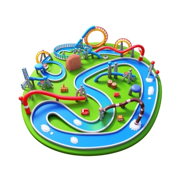 A 3D map of a theme park featuring multiple roller coasters with twisting tracks and vibrant colors. There are several water slides curving and looping, with splashes of water at their base. Various attractions are represented by distinct icons scattered throughout the park. The layout includes areas designated for food stalls and seating, all presented in a detailed, colorful manner that showcases the excitement of the theme park. "Roller Coaster", "Water Slide", and "Attraction" labels are clearly marked on the map for easy identification.