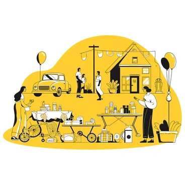 A neighborhood setting filled with a variety of items displayed on tables and blankets for sale. Different household items such as books, toys, and kitchenware are arranged neatly. A bicycle with a yellow frame stands beside a small table filled with vintage trinkets. In the background, a couple of people browse through the items while others socialize. A well-maintained car is parked nearby, while colorful balloons tied to a pole add a festive touch to the scene.