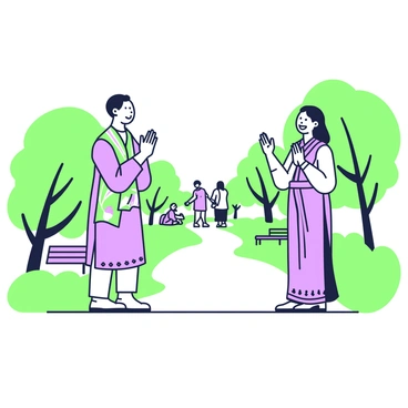 Two people are standing in a park, greeting each other with a "namaste" gesture. On the left, there is a man wearing traditional attire from his culture, with a colorful shawl draped across his shoulders. He has a friendly expression on his face. Opposite him, a woman in elegant cultural clothing is smiling warmly. She has her hands pressed together at chest level, returning the gesture. Surrounding them are lush green trees and a pathway that leads deeper into the park, adding a natural atmosphere to the scene. In the background, a few people are walking or sitting on benches, enjoying the day.