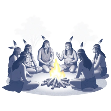 A group of tribal leaders is assembled around a large, crackling fire. Each leader is dressed in traditional attire, adorned with feathers, beads, and other cultural symbols. They are seated on the ground, engaged in animated discussion. The fire casts flickering shadows across their faces, highlighting their expressions of determination and resolve. In the background, outlines of trees can be seen, framing the scene. The atmosphere is focused and serious, as the leaders deliberate on forging an alliance. The ground is covered with leaves and twigs, while the fire's light creates a contrast with the surrounding darkness.