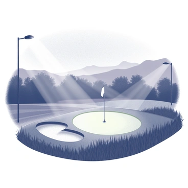 A golf hole on a course featuring a neatly trimmed green. The hole is marked by a white flag fluttering gently in the breeze, positioned at the center of the green. Tall grass surrounds the green area, and various sand traps are strategically placed nearby. Floodlights are illuminating the scene, casting long, distinct shadows across the course, creating a contrast between light and shadow. The evening sky above transitions from daylight to twilight, enhancing the visibility of the floodlit area.