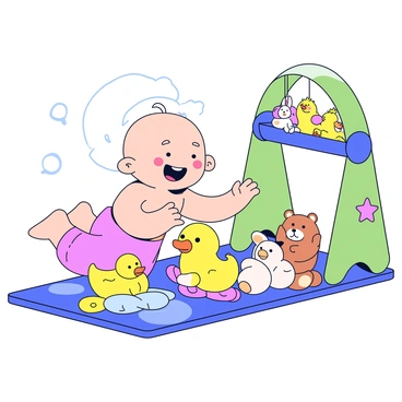 A baby with bright blue eyes and a joyful expression is giggling during a game of peekaboo. The baby is sitting on a colorful play gym mat, surrounded by various soft toys, including a fluffy teddy bear, a bright yellow duck, and a smiling bunny. The baby’s small hands are reaching out towards the toys, while a nearby green and blue play arch holds additional plush toys hanging above. Sunlight streams in, casting soft shadows on the mat, enhancing the playful atmosphere.
