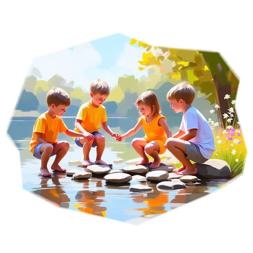 A group of children, two boys and a girl, are playing by the lakeshore. The boys are wearing colorful t-shirts and shorts, while the girl is dressed in a bright sundress. They are gathered near the edge of a calm lake, where the sunlight reflects off the water's surface. Each child is enthusiastically skipping flat stones across the water, creating small ripples with each throw. In the background, there are lush green trees and a few wildflowers dotting the shoreline. The scene captures a moment of carefree joy and playful interaction with nature.