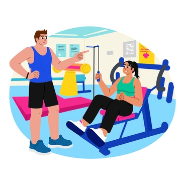 A personal trainer with short brown hair is demonstrating the seated cable row exercise in a bright gym. The trainer is wearing a blue tank top and black workout shorts, showing a focused expression. The client, a young woman with long black hair tied in a ponytail, is seated on the machine, gripping the handles with both hands. She is wearing a light green sports bra and black leggings. The trainer stands beside her, pointing towards the cable attachment and offering motivational tips. The background includes colorful gym equipment and motivational posters on the walls.
