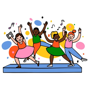 A group of four dancers performing a synchronized dance routine on a brightly lit stage. Each dancer has light skin and is wearing colorful athletic outfits. The first dancer has short brown hair and is executing a hammer curl while striking a dynamic pose. The second dancer has long black hair and is mid-motion, arms raised with a joyful expression. The third dancer has curly blonde hair and is performing a spin, showing a strong focus on the rhythm. The fourth dancer has red hair pulled back in a bun, engaging the audience with a wide smile. The background features abstract shapes and colors that enhance the energetic atmosphere of the performance.