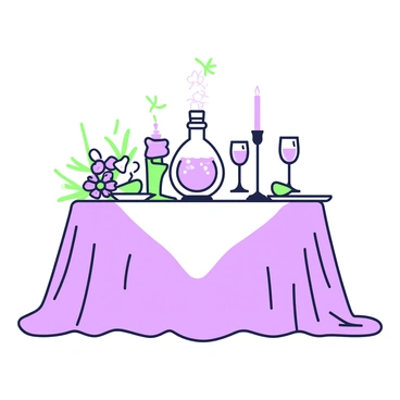 A romantic dinner table is elegantly set with a tablecloth draping down to the floor. In the center, there is a glass flask of wine, reflecting a soft glow. Surrounding the flask are several elegant glasses, each with intricate designs. Candles of various heights are placed around the glasses, casting a warm light across the table. A delicate floral arrangement is positioned nearby, adding a touch of nature to the scene. The table is also adorned with fine cutlery and plates, all meticulously arranged for an intimate dining experience.
