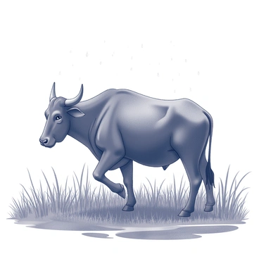 A carabao standing in a lush field. The carabao has a strong build with large, curved horns. It is surrounded by tall grass that sways slightly in the wind. Rain is falling gently, creating small droplets that land on the carabao’s back and the surrounding foliage. The sky is overcast, adding a sense of tranquility to the scene. The wet ground shows signs of recent rain, with patches of mud visible near the carabao's hooves.