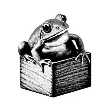 A frog with a smooth texture is peeking out from inside a small box. The box is made of wood, with visible grain patterns enhancing its detail. The frog's eyes are wide and curious, while its body partially protrudes from the box. The scene captures the playful interaction between the frog and its surroundings, emphasizing the frog's unique position. The entire composition is presented in black and white, showcasing the contrast between the frog and the box.