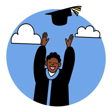 A student with light skin and short black hair is joyfully tossing their graduation cap into the air. They are wearing a black graduation gown with a blue sash, and their expression is one of excitement and accomplishment. The background features a bright blue sky dotted with a few fluffy white clouds, emphasizing a sense of freedom and new beginnings. The cap is soaring upwards, capturing the celebratory moment.