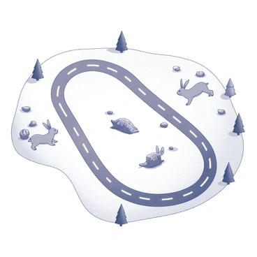 A hand-drawn map depicting a race course. The map features a winding path that illustrates the route taken by both the tortoise and the hare. The tortoise's path is depicted as a slow, meandering line filled with small illustrations of obstacles like rocks and bushes along the way. In contrast, the hare's path is shown as a swift, straight line with fewer obstacles. The outline of the race course is bounded by simple trees and grass patches, enhancing the outdoor setting. Key points of interest, such as a starting line and a finish line, are marked clearly with labels.