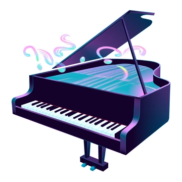 A grand piano with glossy black polished wood, the lid open to reveal the intricate strings and hammers inside. Each key is pressed down, and colorful sound waves are visible floating above them, rippling and undulating in vibrant hues, creating an energetic visual effect. The surrounding area is softly illuminated, enhancing the contrast between the dark piano and the vivid sound waves that dance in the air above it. The scene captures a moment of musical creation, as the sound waves appear to emanate from the very keys being played.