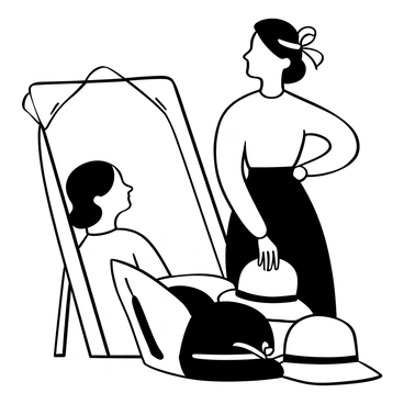 A close-up scene featuring an elegant woman with neatly styled hair, looking thoughtfully at her reflection in a mirror. She is wearing a vintage outfit that complements the era, and various stylish 1950s hats are placed around her. One hat, adorned with a ribbon, is perched on her head while others are stacked nearby. The background includes soft textures of fabric and the polished surface of the mirror, highlighting the scene's focus on fashion and style.