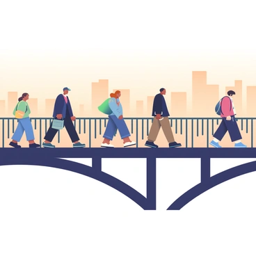 A group of silhouetted commuters is crossing a bridge. The commuters are diverse, featuring individuals of different genders and ethnicities, each carrying bags or briefcases. The bridge has a modern design, with distinctive arches and railings that create interesting shapes against the skyline. The hazy orange sky suggests a sunrise or sunset, casting a warm glow that outlines the figures of the commuters. The background includes faint outlines of distant buildings and trees, contributing to the urban atmosphere of the scene.