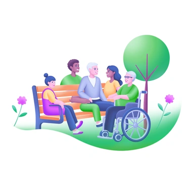 A park scene featuring a wooden bench accommodating a diverse group of people. On the bench, there are individuals of varying ages, including a child, a teenager, an adult, and an elderly person. Each person represents different races and ethnicities, showcasing a harmonious blend of cultures. One individual is in a wheelchair, demonstrating inclusion and accessibility. They are all smiling and engaged in conversation, enjoying the sunny day surrounded by green grass and trees. In the background, there are scattered flowers adding color to the scene.
