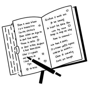A journal lies open on a flat surface, displaying a page filled with numerous "positive affirmations" written in an expressive font. Surrounding the text are various "doodles," including simple shapes, whimsical characters, and decorative flourishes. The cover of the journal features a textured pattern, contributing to the overall visual interest. A pen rests beside the journal, partially obscured by the pages.
