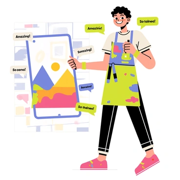 An artist stands in front of a colorful digital artwork displayed on a smartphone. The smartphone shows a vibrant scene of a fantasy landscape with mountains and a sunset. Surrounding the smartphone are several speech bubbles with phrases like "Amazing!" and "So talented!" written inside. The artist, wearing a paint-splattered apron, smiles proudly, holding a stylus in one hand. In the background, a wall is covered with various other artwork pieces, adding to the creative atmosphere.