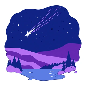 A dramatic scene features a shooting star with a bright tail streaking across a dark blue night sky filled with scattered stars. Below, a tranquil landscape unfolds, showcasing rolling hills bathed in a soft purple hue. Silhouetted trees can be seen in the foreground, their branches reaching towards the sky. A small, reflective lake mirrors the celestial display above, enhancing the overall sense of wonder in the scene.