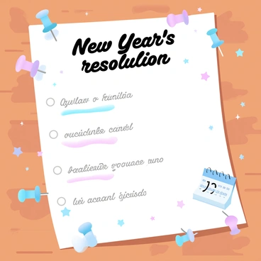 A handwritten list of New Year's resolutions pinned to a corkboard