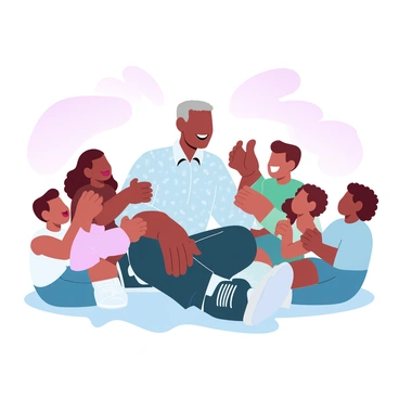Nelson Mandela is sitting on the ground with a gentle posture, wearing a patterned shirt. He is surrounded by several children, each with joyful expressions. The children are wearing colorful clothing and are engaged in playful activity. Some of them are holding hands, while others are sitting close to him, creating a warm and inclusive atmosphere. The background features soft, gradient pastel colors that enhance the cheerful setting.