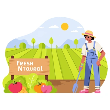 A vibrant organic farm field featuring rows of green crops and colorful vegetables. In the foreground, there is a wooden sign that reads "Fresh Natural Produce," surrounded by ripe tomatoes, lettuce, and carrots. A farmer is working in the field, wearing a straw hat and denim overalls, using a hand trowel to tend to the plants. The sun is shining brightly in a clear blue sky, casting soft shadows over the landscape.
