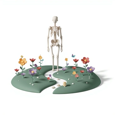 A whimsical garden filled with vibrant flowers in various colors, including red, yellow, and purple. Lush green grass covers the ground, dotted with small, colorful butterflies flitting about. At the center of the garden stands a striking statue made entirely of femur bones, intricately arranged to form a human-like figure. The statue has a polished appearance and casts a shadow on the ground beneath it. Surrounding the statue, there are small stones and pebbles forming a path that winds through the garden. Brightly colored garden decorations, like wind chimes and small lanterns, are scattered throughout the area, enhancing the enchanting atmosphere.