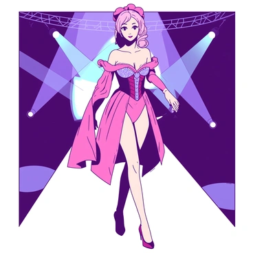 A character walking gracefully on a runway in a stunning, handmade cosplay outfit