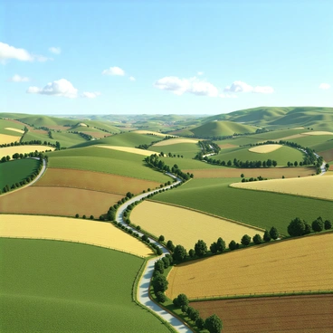 A peaceful landscape featuring soft rolling hills in varying shades of green. The hills are dotted with a patchwork of farmland plots in an array of colors, including golden yellows, earthy browns, and vibrant greens. The fields are bordered by neat lines of trees and rustic wooden fences, and a clear blue sky stretches above, with a few fluffy white clouds scattered throughout. In the distance, a winding dirt road can be seen meandering through the hills, inviting exploration.
