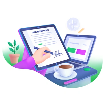 A modern pastel illustration depicting a person signing a digital contract on a tablet. The tablet displays the text of the contract along with a signature line. The individual is using a stylus to write their signature, with their hand visibly positioned over the tablet screen. Surrounding the person are elements such as a laptop, a potted plant, and a cup of coffee on a desk. A soft light illuminates the scene, creating a calm atmosphere.