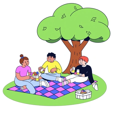 A picnic scene under a large green tree with a wide canopy casting dappled shadows on the ground. A vibrant checkered picnic blanket is spread out on the grass. There are friends sitting on the blanket, laughing and sharing snacks. One friend is holding a plate of colorful fruit, while another is pouring lemonade from a jug into clear cups. A small basket is placed on the side, filled with sandwiches wrapped in paper. The tree’s trunk has a rough texture, and sunlight filters through the leaves, creating a playful pattern on the blanket.
