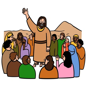 John the Baptist is standing in the desert, wearing a simple garment made of camel's hair, with a leather belt around his waist. He has long hair and a beard, and his expression is passionate as he raises one hand gesturing emphatically while preaching. Surrounding him is a crowd of diverse listeners with different skin tones, including men and women, all dressed in traditional, earthy-colored robes. Some are listening intently, while others are gesturing or whispering among themselves. The background features sandy dunes and a clear blue sky, enhancing the arid setting of the desert.