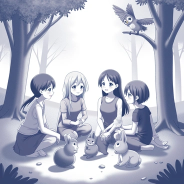 A group of anime characters gathered in a vibrant forest setting. The characters are diverse, showcasing various hairstyles and outfits that reflect their unique personalities. They are interacting with several forest animals, including a wise old owl perched on a branch, a curious squirrel on the ground, and a playful rabbit nearby. Each animal appears to be animated and engaged in conversation with the characters, with expressions reflecting friendliness and curiosity. The trees around them are tall and lush, creating a sense of a lively, enchanted environment. Sunlight filters through the leaves, casting dappled shadows on the forest floor where the characters and animals are gathered.
