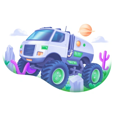 A futuristic truck designed for space exploration is depicted, featuring a sleek, aerodynamic body with an iridescent finish. The truck has oversized, rugged tires designed to traverse alien terrains, showcasing a tread pattern suited for uneven surfaces. Equipped with various tools and gadgets for exploration, the vehicle has extendable robotic arms on the sides and antennae for communication. The windshield is large and curved, providing a panoramic view of the surroundings. Surrounding the truck are rocky formations and unusual plants, indicative of an alien environment, along with a distant view of a colorful planet in the sky.
