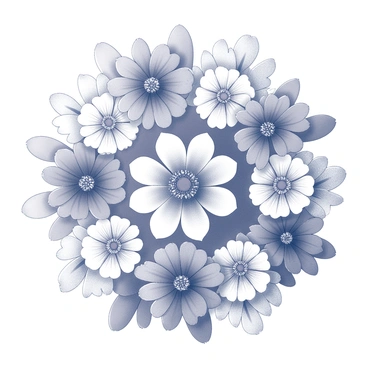 An intricate mandala design consisting of various types of flowers. Each flower features distinct shapes and textures, arranged symmetrically to form a circular pattern. The petals of the flowers vary in size and detail, creating a rich visual tapestry. The center of the mandala is a larger flower, surrounded by smaller blossoms radiating outward. The overall composition is balanced, with the flowers interspersed harmoniously, showcasing a detailed and captivating structure.