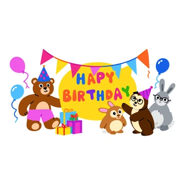 A colorful birthday banner featuring "beloved storybook characters" such as "a cheerful teddy bear in a party hat," "a playful rabbit with a stack of presents," and "a wise owl wearing glasses." The characters are gathered together, surrounded by "balloons in various colors" and "streamers hanging from the top." There is a large "Happy Birthday" message in bold, playful letters at the center of the banner. The entire scene is vibrant and conveys a joyful celebration atmosphere.