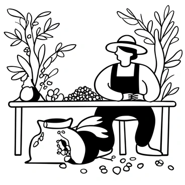 A farmer with a straw hat is sitting at a wooden table, carefully sorting through several piles of coffee beans. The table is covered with scattered beans, some being placed into burlap sacks. In the background, there are coffee plants with ripe red cherries on the branches. Sunlight filters through nearby leaves, creating patterns on the wooden surface. The farmer's hands are focused on separating high-quality beans from defective ones.