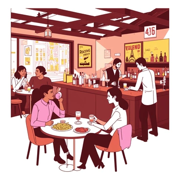 The interior of a cozy Parisian pub is filled with warm, inviting light. Wooden beams crisscross the ceiling, and the walls are adorned with vintage posters. Patrons are seated at small round tables, animatedly engaged in conversations while sipping drinks. A couple is sharing a plate of fries at the bar, and a group of friends is laughing near a window, looking out at the bustling street. The bar is stocked with various bottles of liquor, and a bartender is pouring a drink. The atmosphere is lively and filled with the sounds of clinking glasses and cheerful chatter.