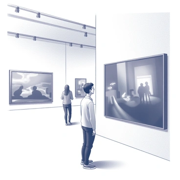 A person standing in an art gallery, intently observing a large, well-known painting displayed on the wall. The individual is positioned slightly to the side, with their head tilted forward and eyes focused on the artwork. The gallery is spacious, with other art pieces strategically placed around, and high ceilings that enhance the experience. In the background, a faint silhouette of people can be seen, moving quietly as they appreciate the art. The lighting is soft, illuminating the painting and casting gentle shadows on the floor.