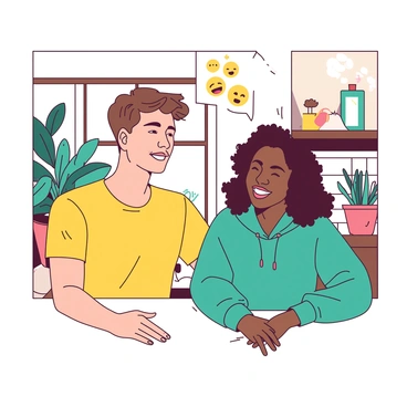 A duo of friends is smiling while engaged in an Instagram video call. One friend is a tall individual with short brown hair and is wearing a bright yellow t-shirt, sitting in a cozy room filled with plants. The second friend has curly black hair and is dressed in a teal hoodie, seated in a well-lit kitchen. The screen shows animated emojis floating around, and both friends are clearly enjoying their conversation, with visible laughter and expressions of joy on their faces.