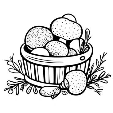 A rustic basket filled with fresh shiitake mushrooms, their caps delicately textured. Surrounding the basket are sprigs of various herbs like thyme and rosemary, arranged thoughtfully to create an inviting composition. The background features a wooden surface that enhances the natural feel of the still life. The mushrooms and herbs are positioned to draw attention to their organic shapes and details.